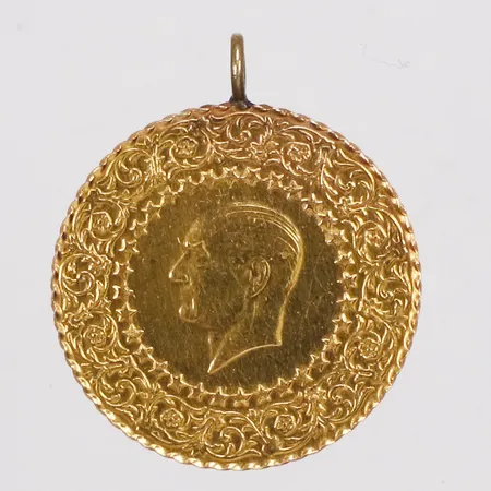 Hänge, mynt, Ataturk, Ø22mm, år 1999, ögla ej i guld, 21,6K, bruttovikt 3,6g Vikt: 0 g