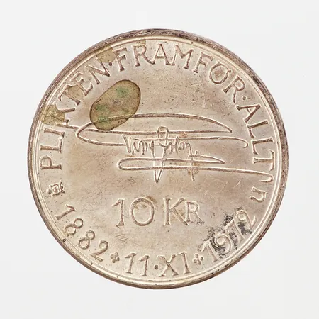 Mynt Gustaf VI Adolf, Sveriges Konung, 10kr Plikten framför allt, år 1972, Ø32mm silver 835/1000 Vikt: 17,9 g