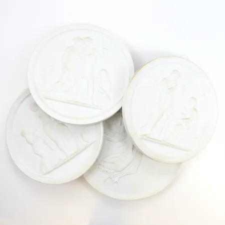 Fem väggreliefer, Parian, Royal Copenhagen, 3st Øca14cm, 2st Øca15cm, en med nagg Skickas med postpaket.