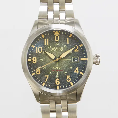 Herrur AVI-8 Flyboy, stål, automatisk, 42mm, ref AV-4075-33, cal, Seiko NH35, mineralglas, datum, stållänk, viklås, box, ytterkartong.
