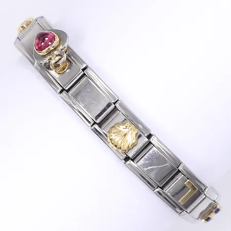 Armband i stål med gulddetaljer i 18K och färgade stenar, Ø60mm, bredd 9mm, Bruttovikt: 17,4 Vikt: 17,4 g