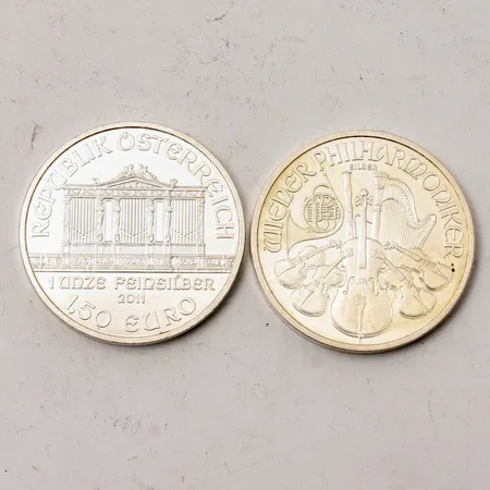 2st mynt i silver, Wiener Philharmoniker 1,5 Euro, 999/1000, vikt 62,52g.