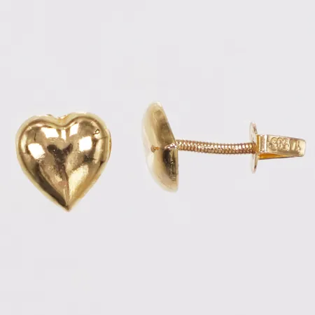 Ett par örhängen, hjärtan, 8mm, skruvstift, skev på stift, 14K  Vikt: 0,5 g