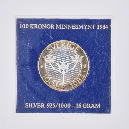 Jubileumsmynt Nominellt värde 100sek, Förtroende Säkerhet Nedrustning Stockholm 1984, Sverige, silver Vikt: 16 g