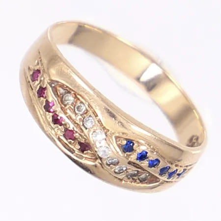 Ring med färgade stenar, stl 17¼, bredd 3-7mm, 14K Vikt: 2,8 g