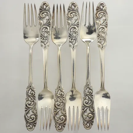 Sex, bordsgafflar, längd ca 19cm, silver 830/1000 Vikt: 231,2 g
