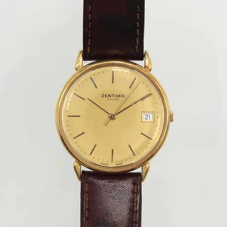 Armbandsur Zentima, 18K, Ø33mm, quartz, går ej, defekt, slitet läderarmband