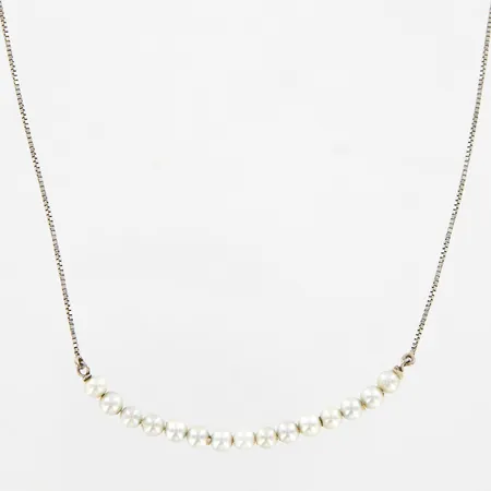Collier, odlade pärlor, ca 40,5cm, bredd 1-4mm, ojämn lyster på pärla, vitguld, 18K. Bruttovikt: 3,8gram.  Vikt: 3,8 g