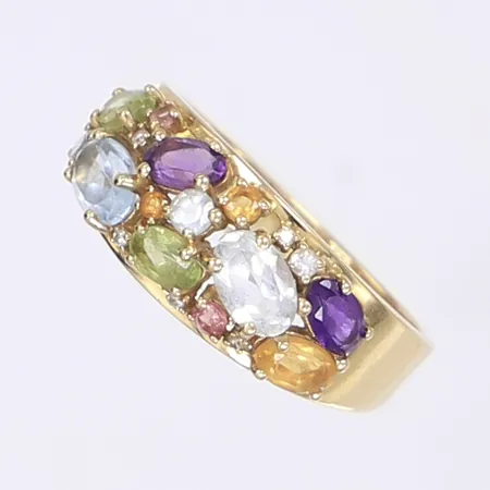 Ring med färgade stenar, GHA, stl 19, bredd 4-9mm, 18K Vikt: 5 g