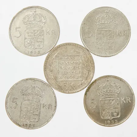 Fem mynt, 5-kronor, blandade årtal, Ø34mm, silver 400/1000 Vikt: 89,8 g