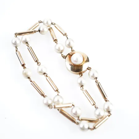 Armband m pärlor, dubbelradigt, 20,5cm, bredd 16mm, 18k Vikt: 22,7 g