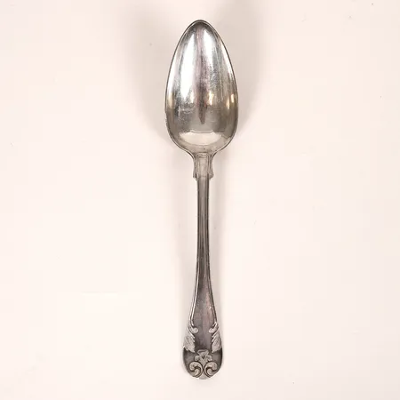 Matsked, modell Gammal fransk, S Pettersson, Linköping, 1875, längd ca 21cm, gravyr, slitage, silver. Vikt: 46,7 g