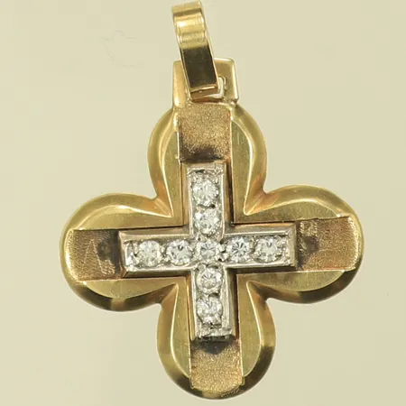 Hänge, kors med vita stenar, längd 30mm inkl ögla, bredd 23mm, sliten, 14K, 5,9g Vikt: 5,9 g