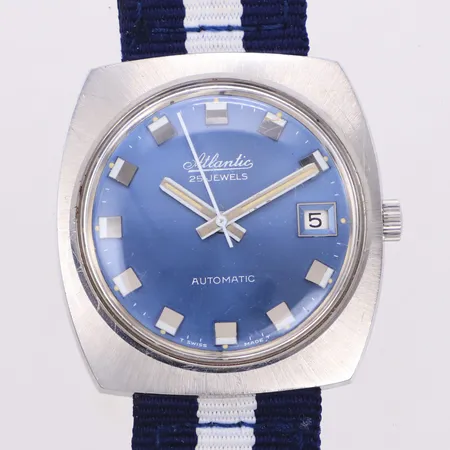 Armbandsur, Ø35,5mm, Atlantic, 25 Jewels, Automatic, datum, 1970-tal, datum, stål, nytt blå/vitt natoband