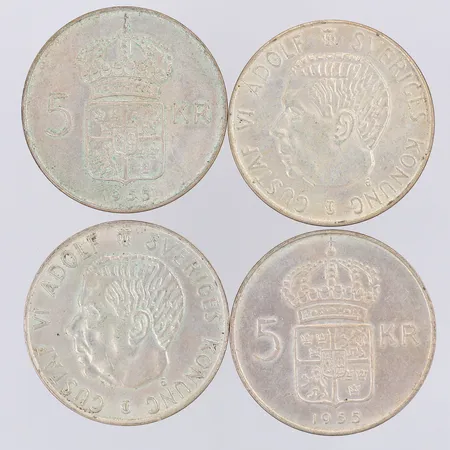 4 Mynt Gustaf VI Adolf, nominellt värde 5 kr, år 1954-55, 400/1000 silver Vikt: 72,1 g