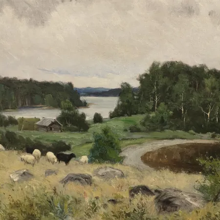 Tavla, Olof Arborelius (1842-1915), olja på duk, landskapsmotiv, bildmått 88x58cm  Specialfrakt, kontakta pantbankskontoret för mer information.