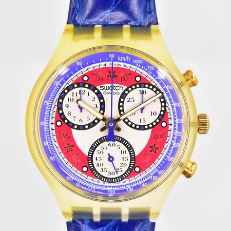 Armbandsur, Ø ca 38mm, Swatch, chronograf, quartsur, läderband original, år 1996, står stilla, ask Vikt: 0 g