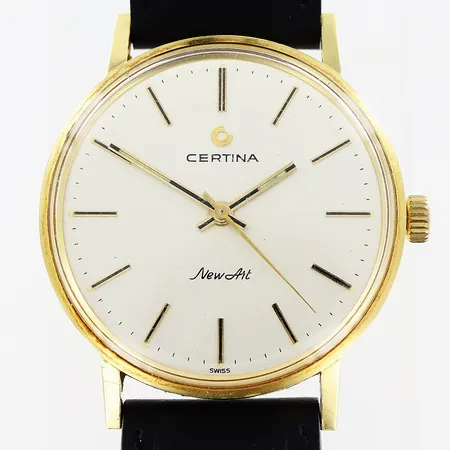 Herrur Certina New Art, 18K, manuell, Ø34mm, vit urtavla, svart läderband ej original, 23,5cm, gravyr: För nit och redlighet..., tunna repor på glas, bruttovikt 33,6g, inga tillbehör.