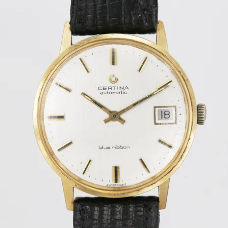 Herrur Certina, 18K, Blue Ribbon, automatisk, datum, Ø36mm, plexiglas, armband och spänne ej original, sekundvisare saknas, slitage, boett med personlig gravyr, repor.