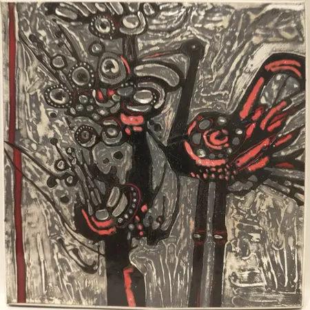 Väggplakett med silvermåleri, motiv med fågel, Börje Skohg för Gustavsberg, signerad, märkt med studio handen, stengods, 23x23cm Skickas med paket.