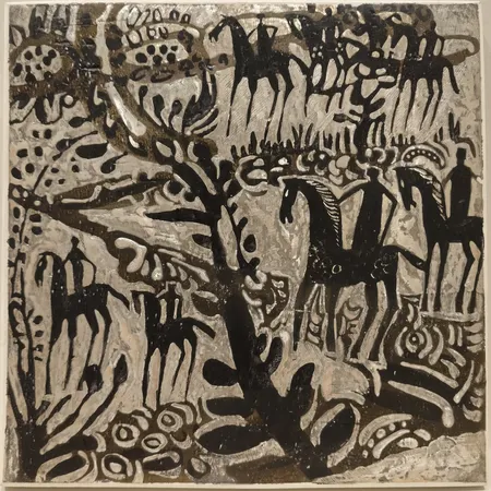 Väggplakett med silvermåleri, motiv med hästar och människor, Börje Skohg för Gustavsberg, signerad, märkt med studio handen, stämpelmärkt, stengods, 23x23cm Skickas med paket.