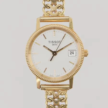 Damur, Tissot 1853, Ø24mm, quartz går ej, graverad, 18K med länk i 18K, längd: 18,5cm, box, bruttovikt: 31,2g.