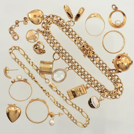 Diverse guld, defekt, gravyr, stenar, 18K  Vikt: 43,2 g