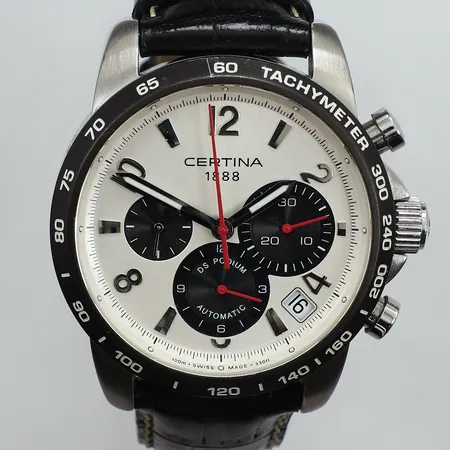 Herrur Certina DS Podium, Valgranges, Ø44mm stål, automat, kronograf, datum, glasbaksida, refnr: C001614A, serienr: TKM-BC-11138RC+, läderband med viklås, repa på ringen, cert och box