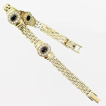 Armband, korridorlänk, vita stenar, blå cabochonslipade stenar, 19,5cm, bredd 6,5-12mm, 14K Vikt: 17,2 g