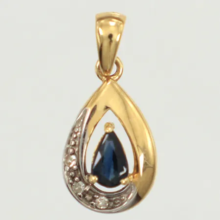 Hänge med blå sten, möjligen safir och diamanter 3x ca 0,005ct, längd 16mm inklusive ögla, bredd 7,5mm, GHA, 18K  Vikt: 1,1 g