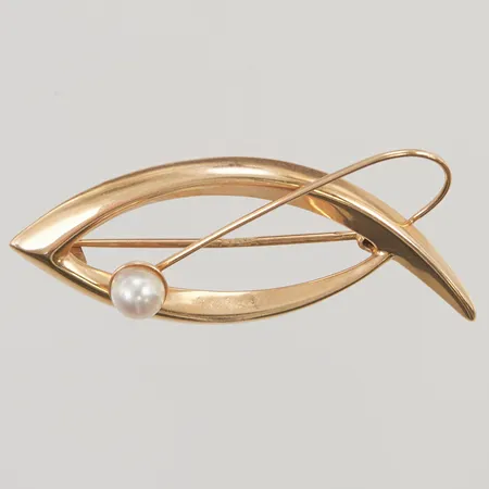 Brosch med pärla, längd:4cm, bredd: 1,6cm, 18K, 2,2g.