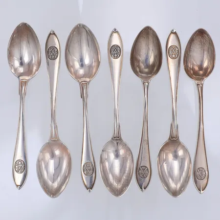 7 Teskedar, modell Spetsig svensk, 13cm, Markströms år 1938-40, 830/1000 silver Vikt: 103,6 g