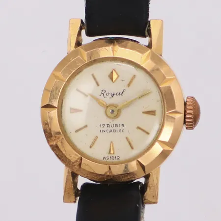 Damur, Royal, Ø17mm, 18K med läderband, går ej, defekt armband. Bruttovikt 8,6g
