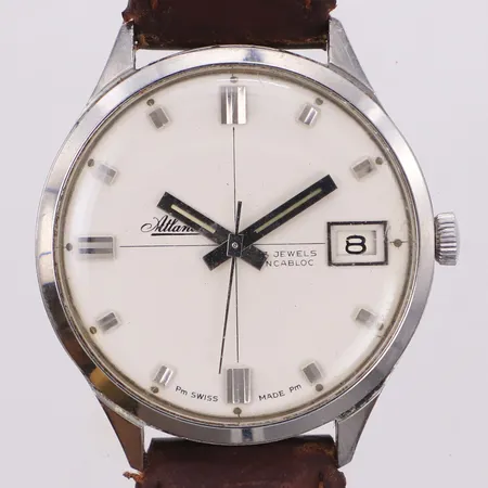 Armbandsur, Ø35,1mm, Atlantic, 17 Jewels, Incabloc, datum, #501917, datum, stål, repor, slitet läderband