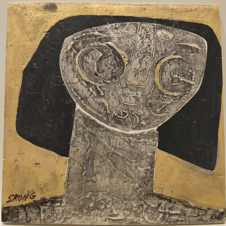 Väggplakett med silvermåleri, Börje Skohg för Gustavsberg, signerad, märkt med studio handen, stengods, 23x23cm Skickas med paket.