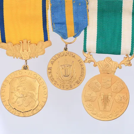 3 Medaljer, gulddouble, personlig gravyr, 830/1000 silver. Bruttovikt 50,3g Vikt: 50,3 g