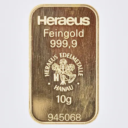 Tacka Heraeus Edelmetalle, serienr 945068, längd: ca 3,2cm, bredd: ca 18mm, 999,9/1000, 24K Vikt: 10 g
