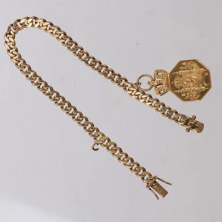 Armband med två hängen, längd 17,5cm, bredd 4,5mm, Jonsson G-Verkst Eftf Söderberg&B, Stockholm, år 1962, hängets mått längd 29,6mm, bredd 16,8mm, Gunnar Fahlström AB, Hovjuvelerare Stockholm, år 1964, ett hänge saknas,18K, hänge 20K  Vikt: 16,9 g