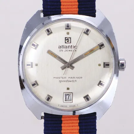 Armbandsur, Ø35,5mm, Atlantic, 25 Jewels, Master Mariner, Speedswitch, datum, #1439185, 1970-tal, stål, repor, nytt blå/orange natoband