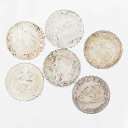 Sex Mynt, 2 Kronor, Sverige, 1913-1940, ca Ø31mm, bruksslitage, 800/1000 silver. Vikt: 89,7 g