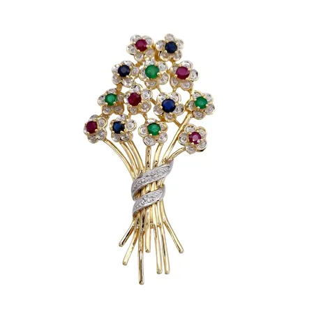 Hänge / Brosch Blombukett, 14K guld, Rubiner, Smaragder och Safirer, Diamanter 3 x 0,005ct, storlek 29x55 mm, mycket fint skick, stenar utan anmärkning Vikt: 9,7 g