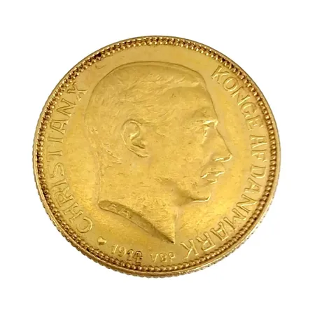 Guldmynt, Danmark 20 Kroner 1914, Christian X, 900/1000 (21,6K), Ø23 mm, fint ex Vikt: 9 g