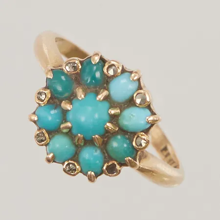 Ring med turkoser, skador finns, Ø18¼, 18K 4,6g.