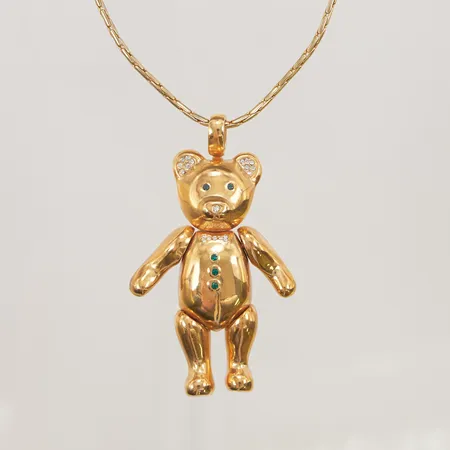 Collier, med hänge ca 80cm,  Nalle, 7,5cm, massiv, rörliga delar