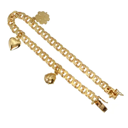 Armband Bismarck med tre berlocker, 18K guld, tillverkarstämpel NAB, Stockholm, svensk kontrollstämpel, längd knäppt 18,5 cm, bredd 5,3 mm Vikt: 12,9 g