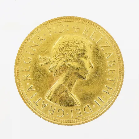 Mynt, sovereign, drottning Elisabeth II, Ø22mm, 21K Vikt: 8 g