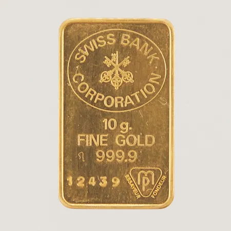 Guldtacka Swiss Bank Corporation Fine gold 999.9, nr 12439, 24K, 10g.