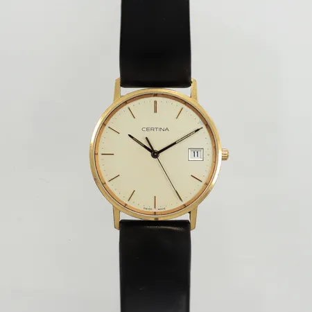 Armbandsur Certina 18K, quartz, 33mm, refnr EOL 158.9289.68, datum, gravyr, slitet läderarmband ej original, inga tillbehör. 