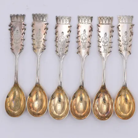 6 Kaffeskedar, modell Same, 11cm, gulddoublé i skeden, Fritz Olsson, Bolidensilver, år 1956, 830/1000 silver Vikt: 71,8 g