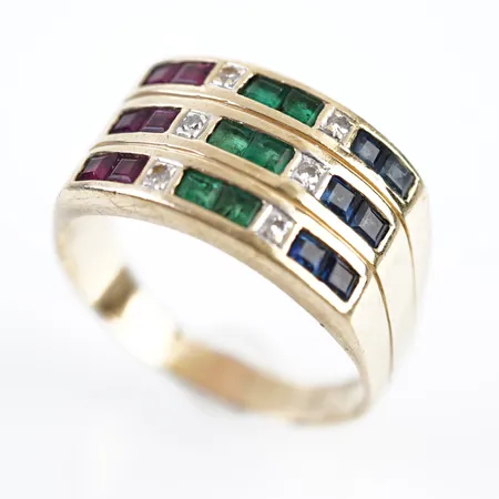 Ring m färgade stenar, stl 19½(60), bredd 11mm, 18k Vikt: 8,3 g